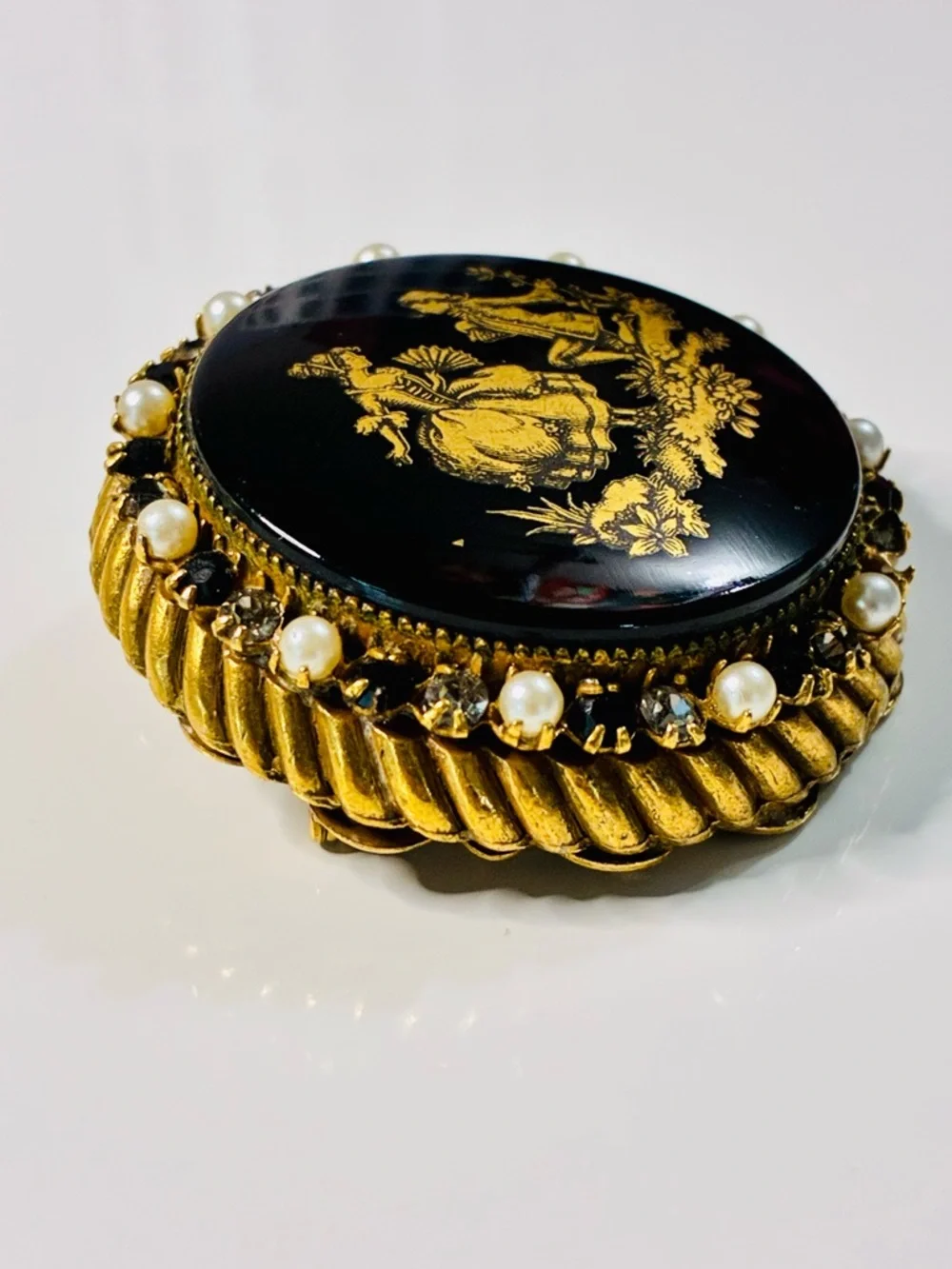 VTG Original By Robert Black and Gold Enamel Brooch with Pearls Courting Scene